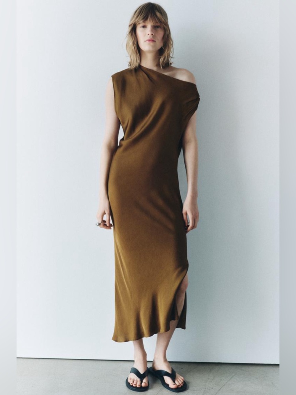 Zara satin effect one shoulder Brown midi dress sz.M